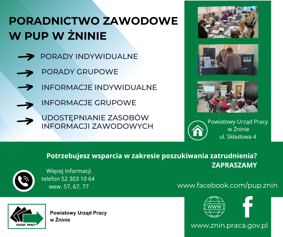 poradnictwo zawodowe. porady indywidualne. porady  grupowe. informacje grupowe. udostępnianie zasobów informacji zawodowych. poszukujesz wsparcia w zakresie podjęcia zatrudnienia? Zapraszamy. więcej informacji wew. 57, 67, 77 52 3031064. 3 zdjęcia. 1 z zajęć grupowych, 1 z konsultacji indywidualnych.