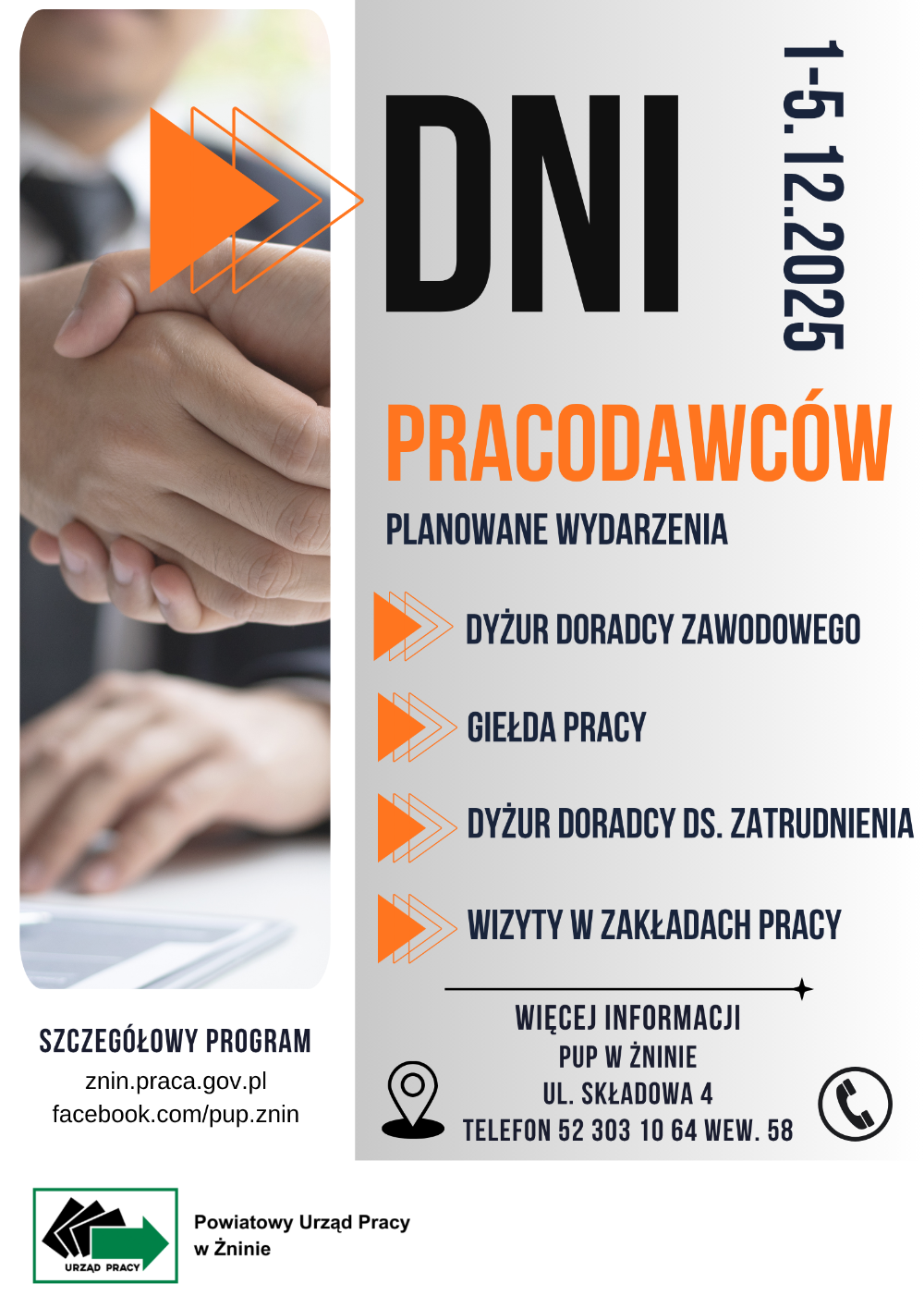plakat. dni pracodawców. 1-5.12.2025. Dni pracodawców. planowane wydarzenia: dyżur doradcy zawodowego, giełda pracy, duy zur doradcy ds. zatrudnienia, wizyty w zakładach pracy.