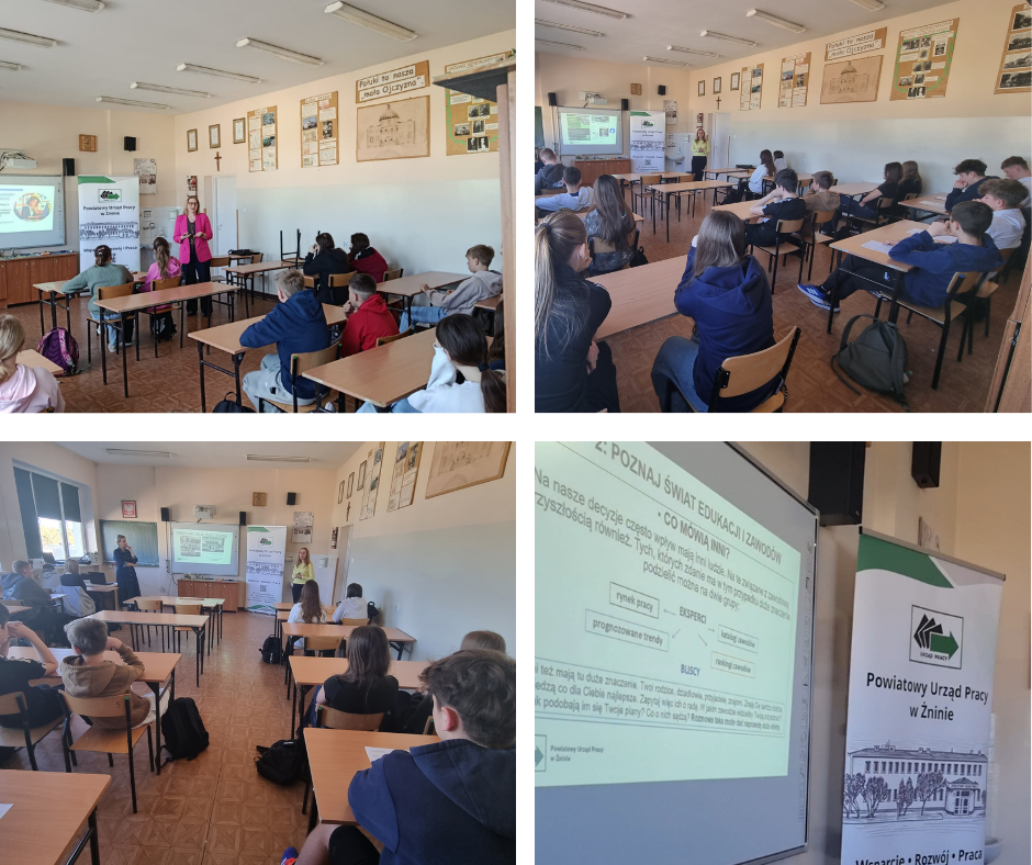 kolaż zdjęć. uczniowie w trakcie spotkania z doradcą zawodowym.