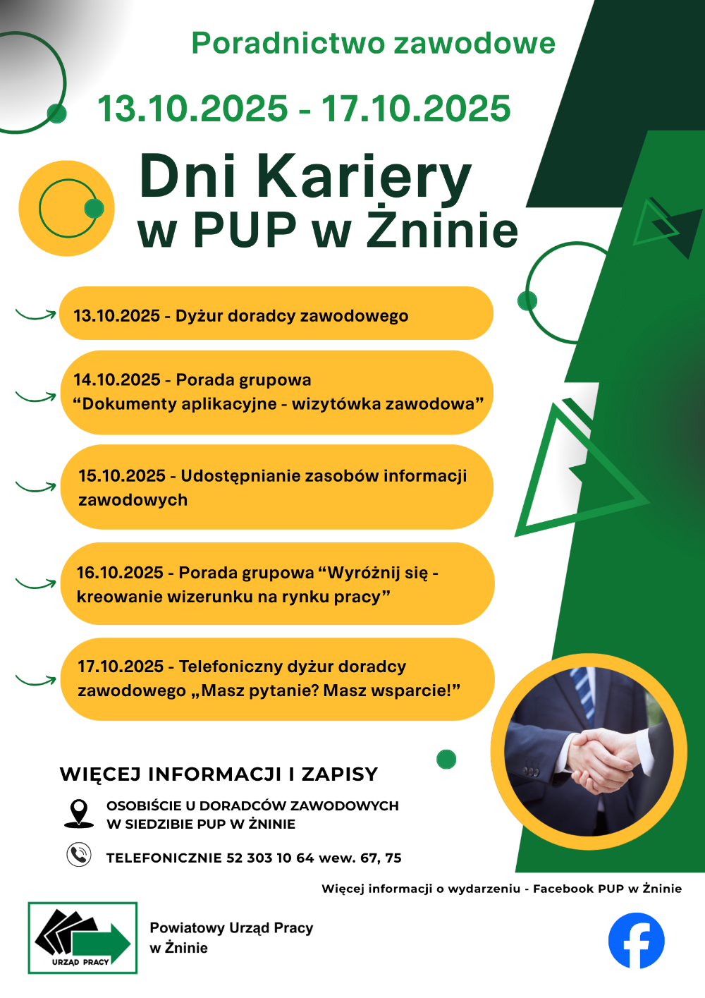 plakat Dni kariery w PUP w Żninie. 1.10.2025. - 17.10.2025. Harmonogram wydarzenia. Kontakt osobiście z doradcami zawodowymi lub telefonicznie 52 303 10 64. Plakat zamieszczony poniżej w formacie pdf.