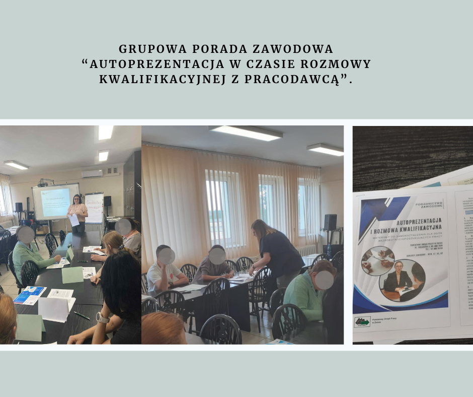 kolaż zdjęć ze spotkania grupowego z osobami bezrobotnymi