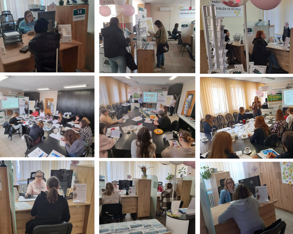 kolaż zdjęć z zajęć grupowych, spotkań indywidualnych z klintami